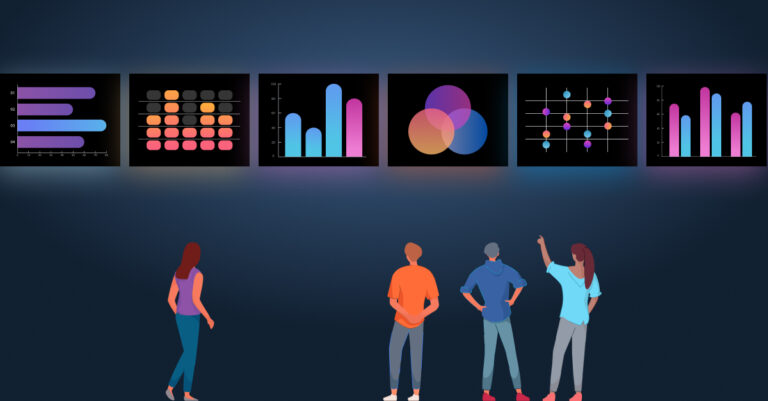 Illustration of people looking at data charts