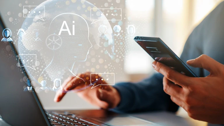 Person using a smartphone with AI graphics