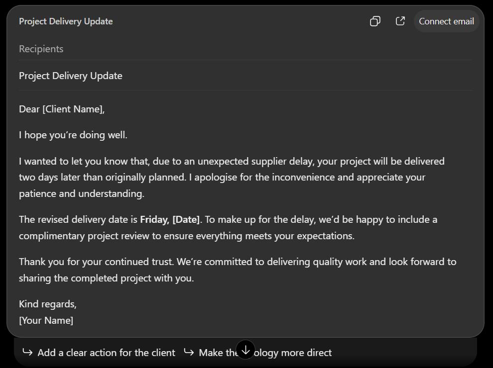 ChatGPT free version reply to the client delay email test