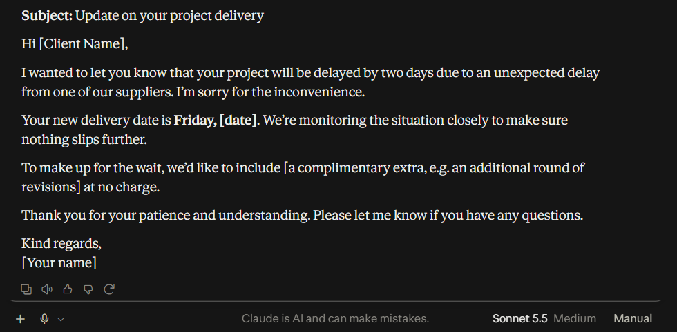 Claude free version reply to the client delay email test