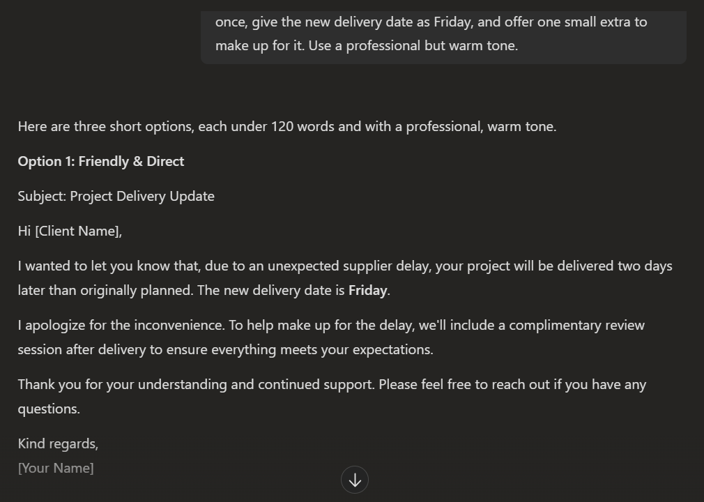 Copilot free version reply to the client delay email test