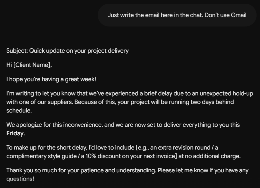 Gemini free version reply to the client delay email test